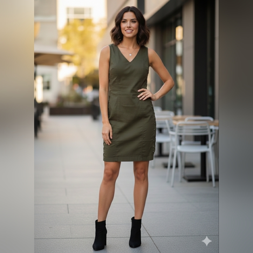 VENUS Olive Mini Dress With Lace-Up Grommet-Look Detail Size 6
